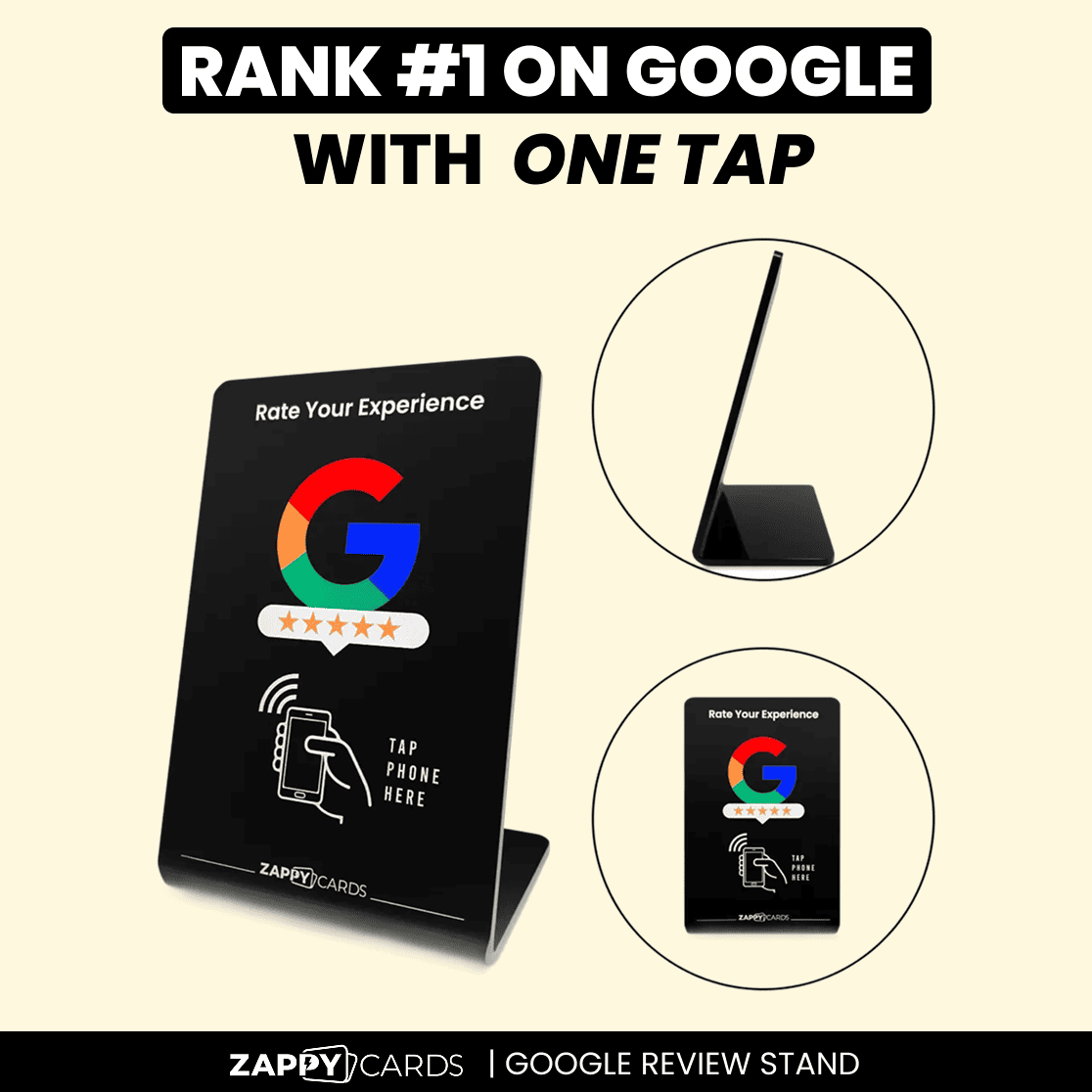 Black Google review stand shown from the front and side