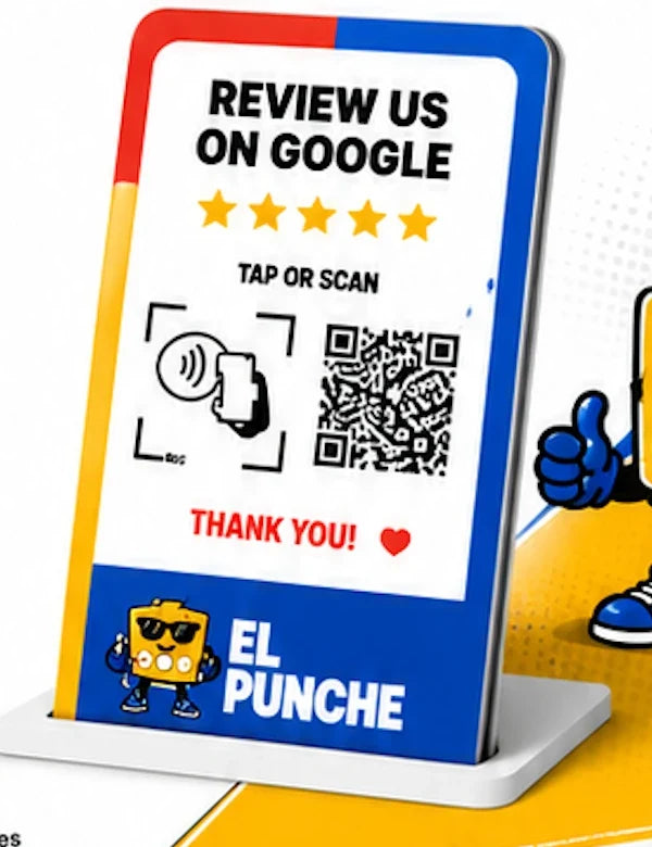 Tap To Punch Google review card and stand