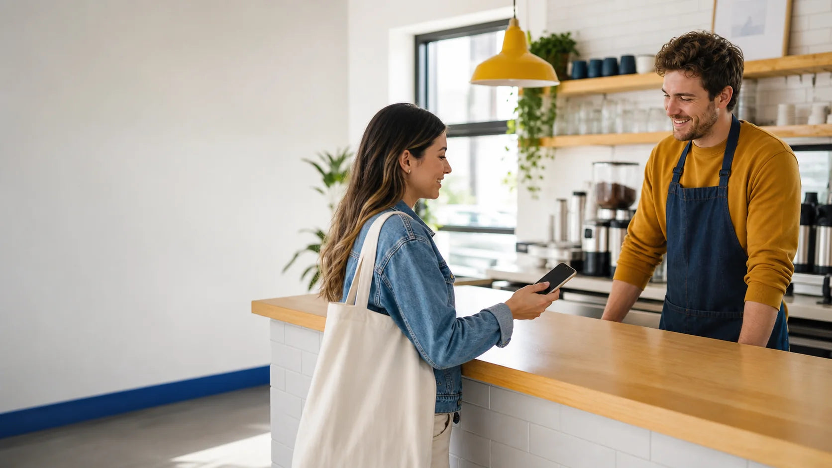 A local business owner helping a customer at checkout